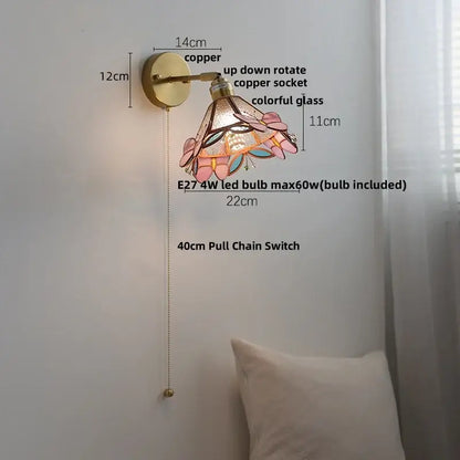 Decorbites colorful square glass wall lights with copper finish and pink teal stained glass shade for bedroom decor