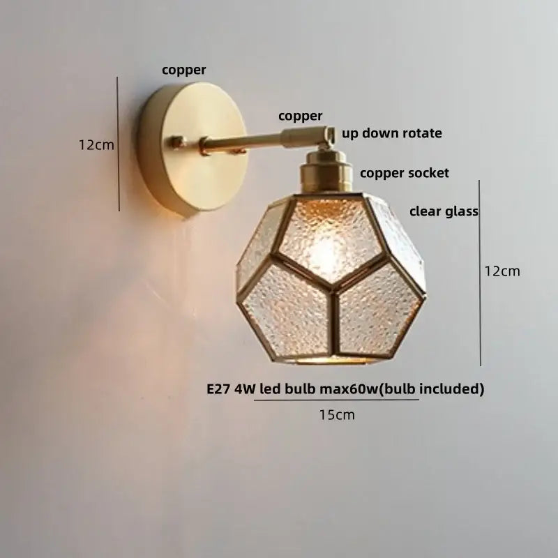 Copper wall sconce with faceted clear glass shade featured in decorbites colorful square glass wall lights for bedroom decor