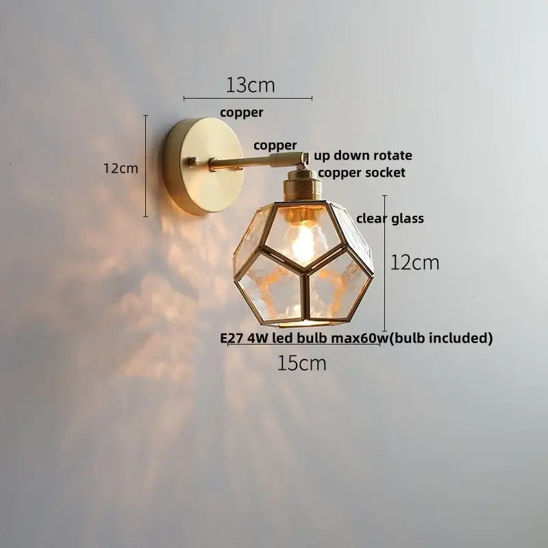Copper wall lights with a geometric faceted clear glass shade from decorbites colorful square glass bedroom sconce collection