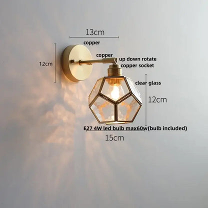 Copper wall lights with a geometric faceted clear glass shade from decorbites colorful square glass bedroom sconce collection