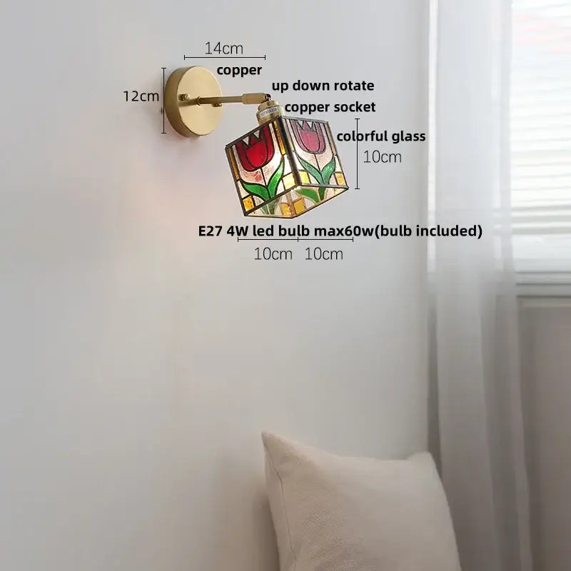 Copper wall sconce with a colorful square glass stained glass cube featuring a red tulip for bedroom wall lights decorbites colorful square