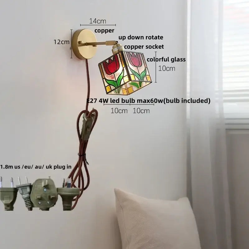 Copper wall sconce with decorbites colorful square glass featuring a red tulip design for bedroom wall lights decor