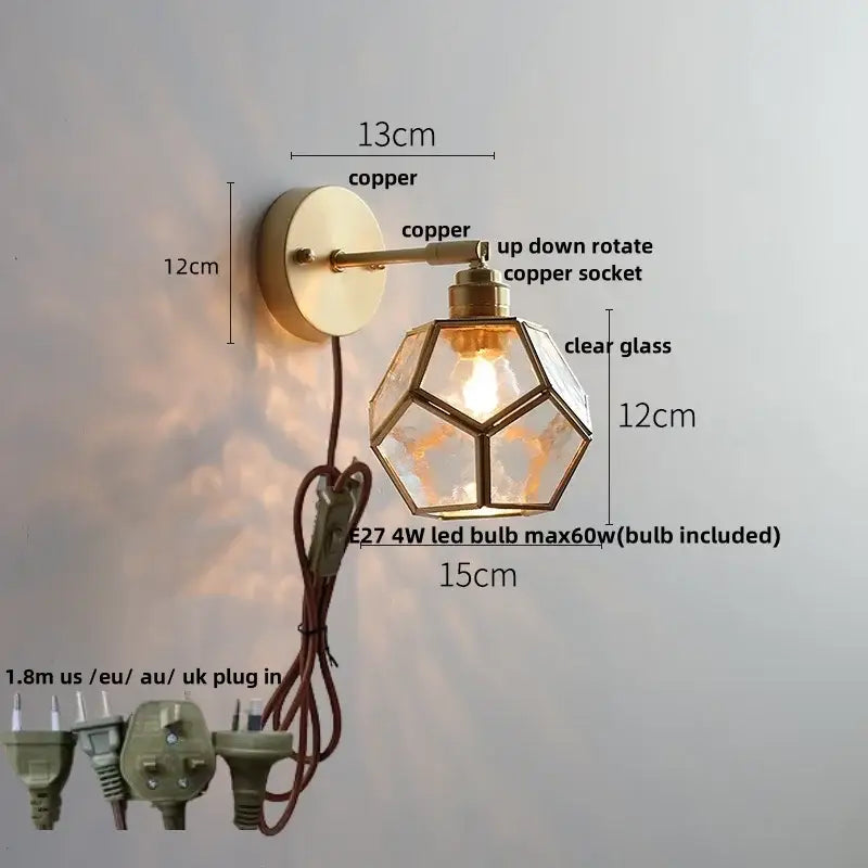 Copper wall sconce with geometric clear glass shade for decorbites colorful square glass wall lights bedroom sconce