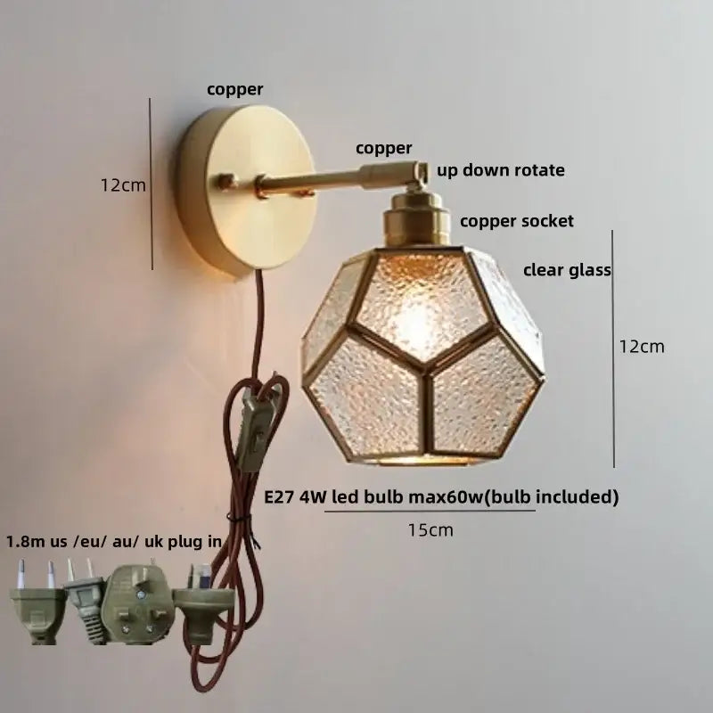 Copper wall sconce with faceted clear glass shade and adjustable arm for decorbites colorful square glass wall lights