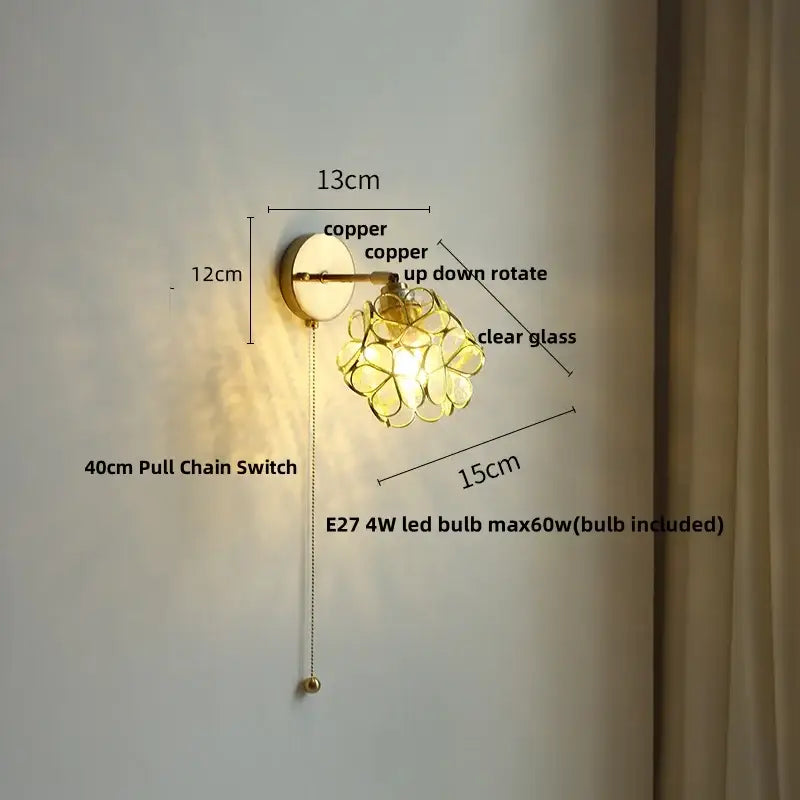 Copper wall sconce with clear glass flower design and e27 4w led bulb for decorbites colorful square glass wall lights