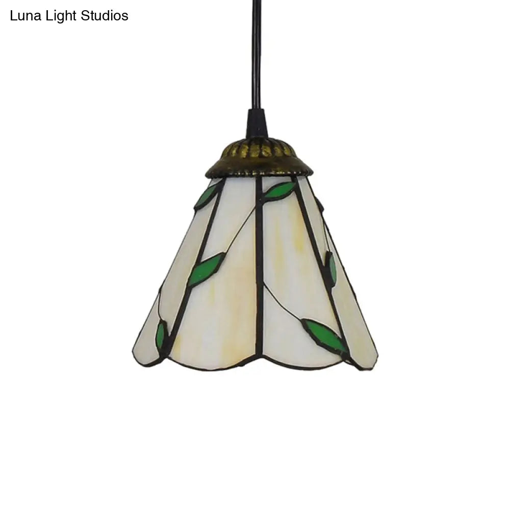 Tiffany-Style Cone Pendulum Light - Handcrafted Art Glass Suspension Lamp in Beige (6.5"/12"/16" W)