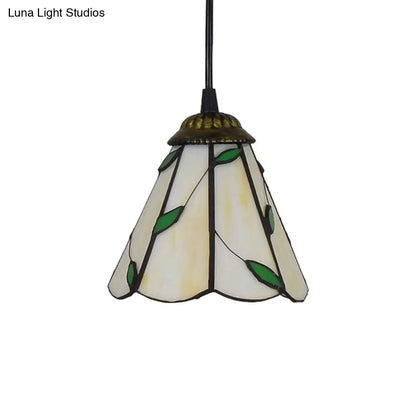 Tiffany-Style Cone Pendulum Light - Handcrafted Art Glass Suspension Lamp in Beige (6.5"/12"/16" W)