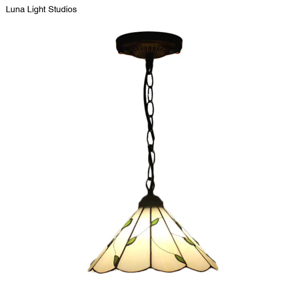 Tiffany-Style Cone Pendulum Light - Handcrafted Art Glass Suspension Lamp in Beige (6.5"/12"/16" W)