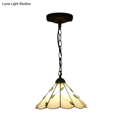 Tiffany-Style Cone Pendulum Light - Handcrafted Art Glass Suspension Lamp in Beige (6.5"/12"/16" W)