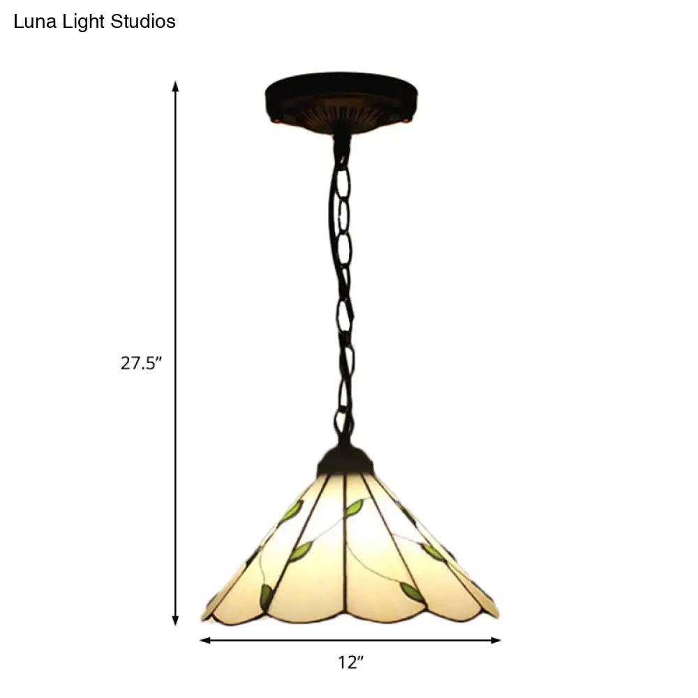 Tiffany-Style Cone Pendulum Light - Handcrafted Art Glass Suspension Lamp in Beige (6.5"/12"/16" W)