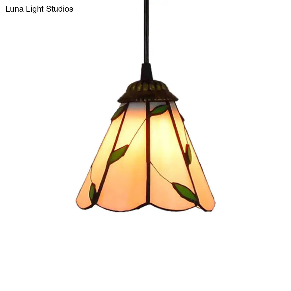 Tiffany-Style Cone Pendulum Light - Handcrafted Art Glass Suspension Lamp in Beige (6.5"/12"/16" W)