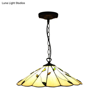 Tiffany-Style Cone Pendulum Light - Handcrafted Art Glass Suspension Lamp in Beige (6.5"/12"/16" W)