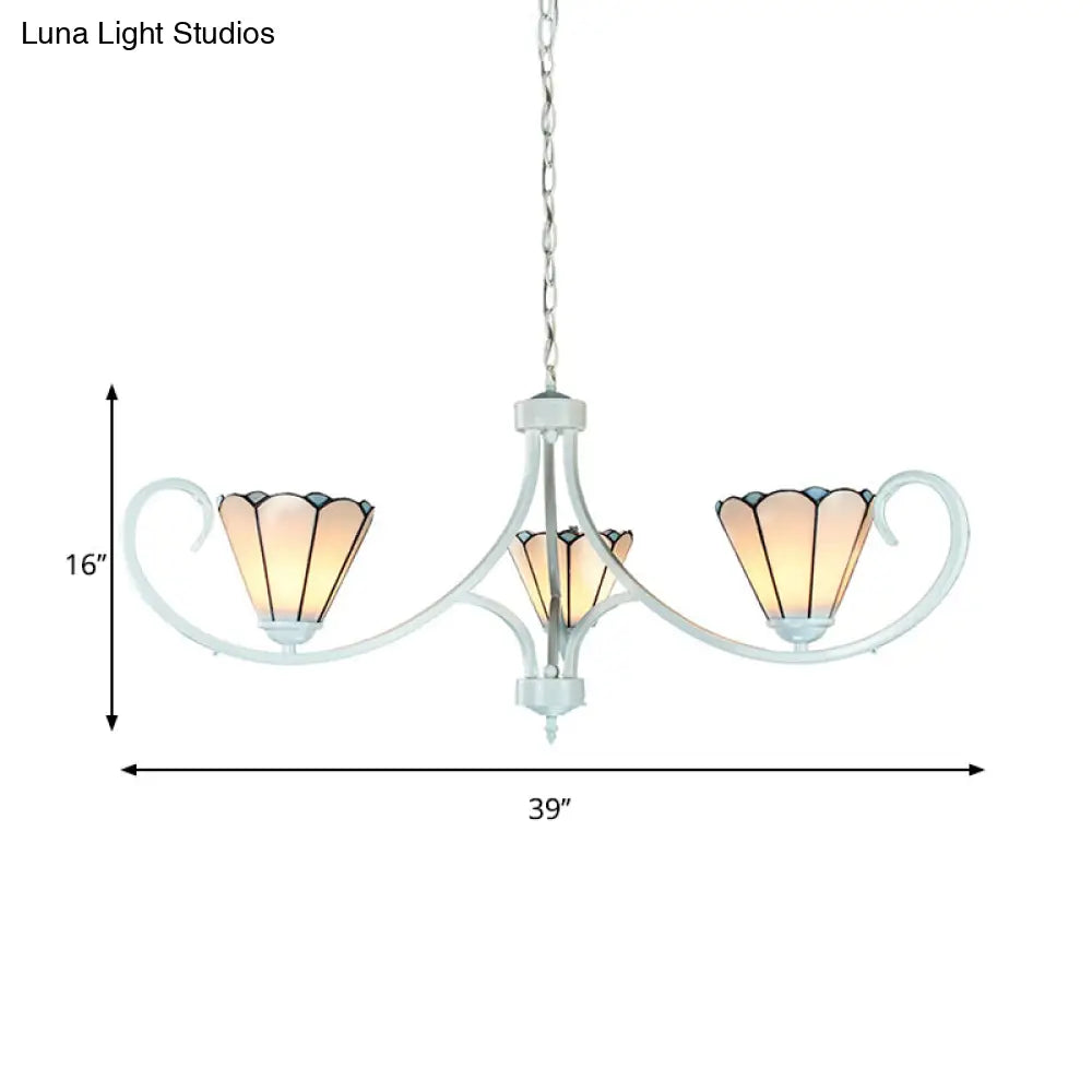 Tiffany Style Conical Chandelier with Curved Arm and White Glass - 3-Light Ceiling Fixture