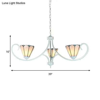 Tiffany Style Conical Chandelier with Curved Arm and White Glass - 3-Light Ceiling Fixture