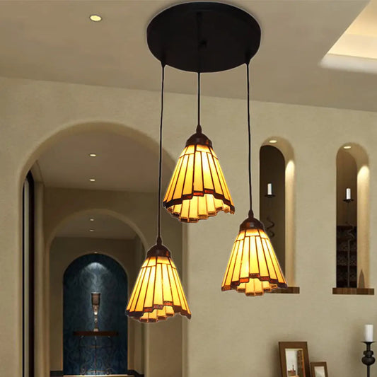 Tiffany-Style Conical Pendant Light with 3 Bulbs in Beige for Hallway