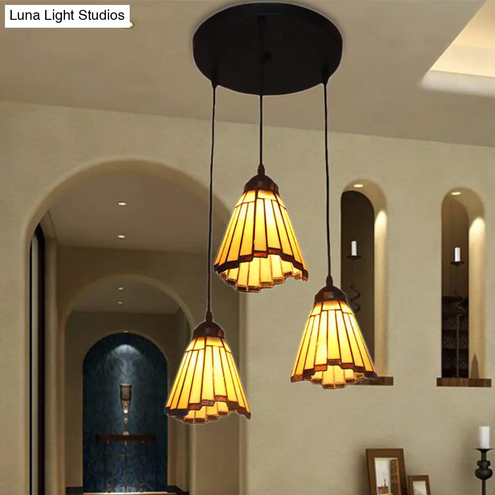 Tiffany-Style Conical Pendant Light with 3 Bulbs in Beige for Hallway