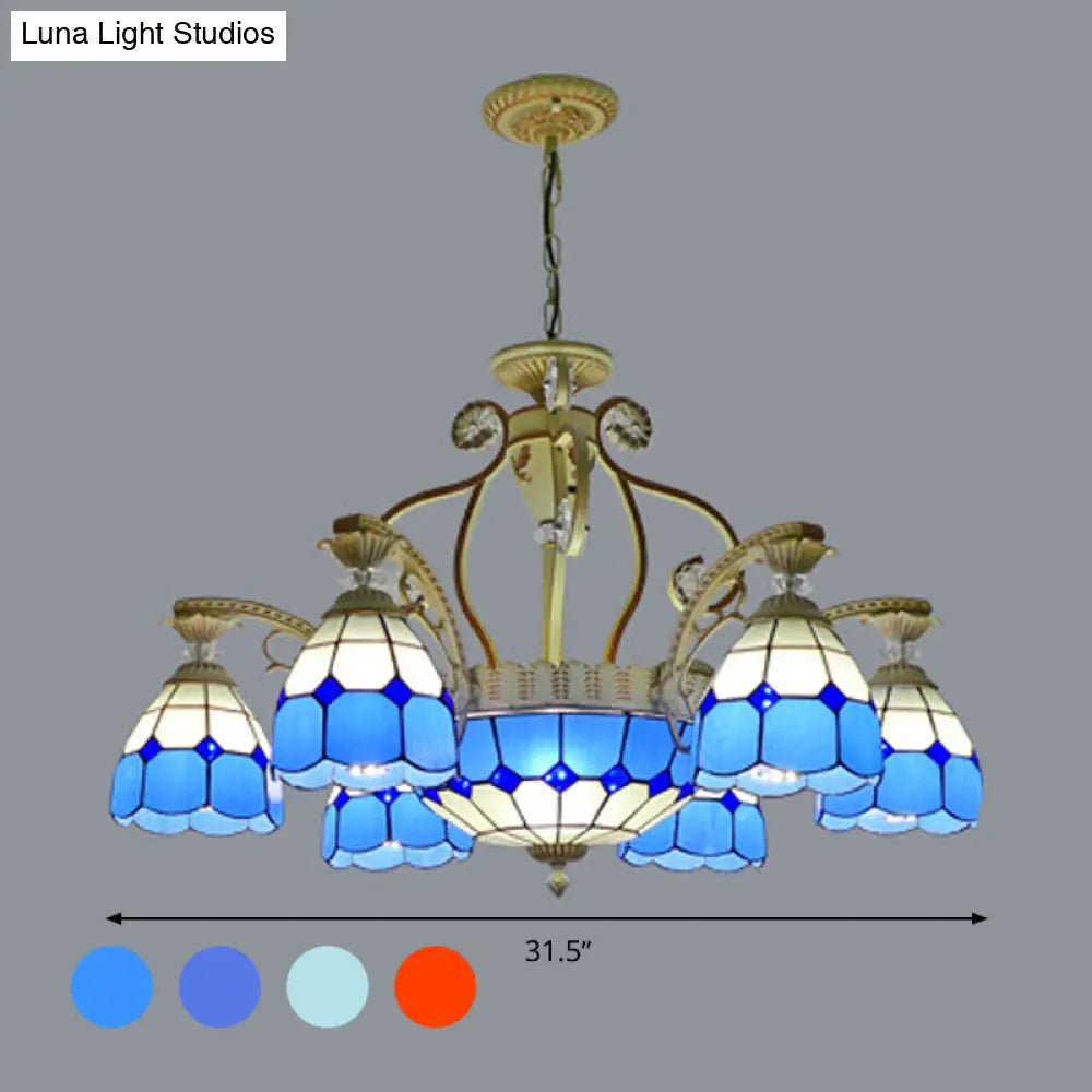 Tiffany Style Cut Glass Hanging Chandelier with 8/11 Domed Lights in Orange/Blue/Dark Blue, 31.5"/37.5" Wide