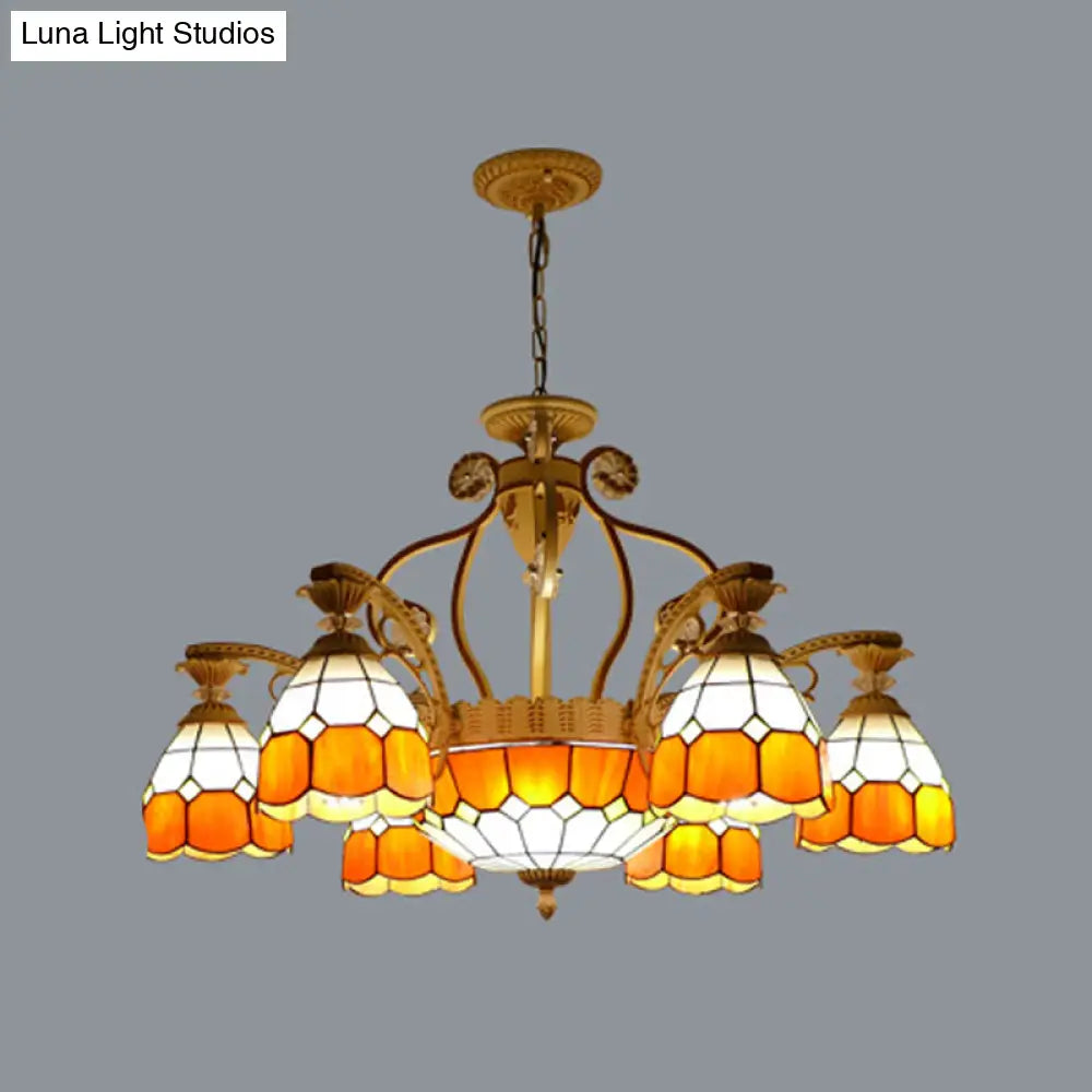 Tiffany Style Cut Glass Hanging Chandelier with 8/11 Domed Lights in Orange/Blue/Dark Blue, 31.5"/37.5" Wide