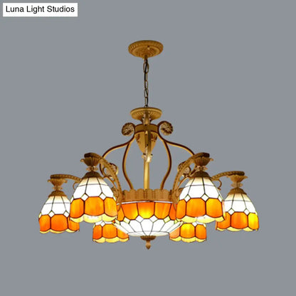 Tiffany Style Cut Glass Hanging Chandelier with 8/11 Domed Lights in Orange/Blue/Dark Blue, 31.5"/37.5" Wide