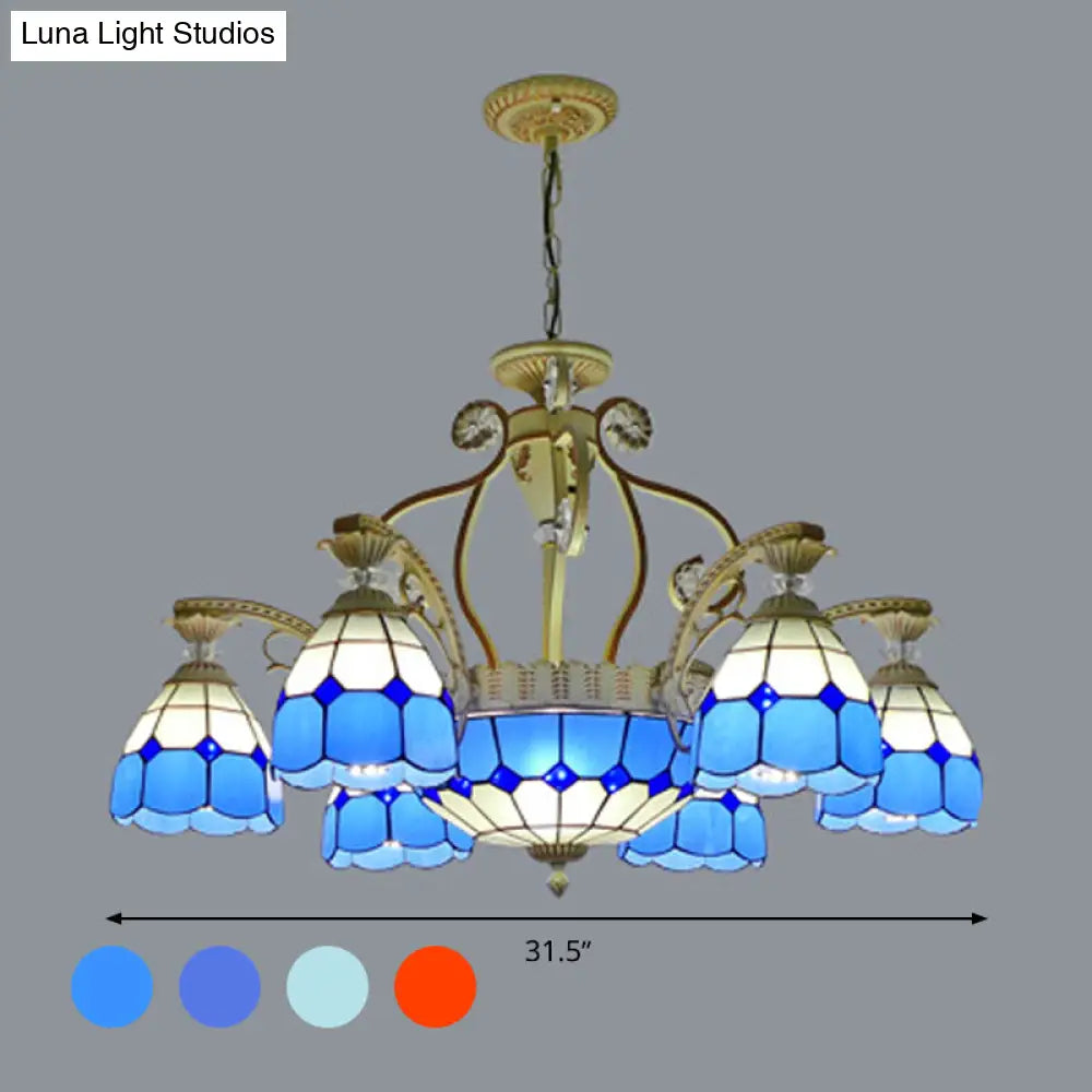 Tiffany Style Cut Glass Hanging Chandelier with 8/11 Domed Lights in Orange/Blue/Dark Blue, 31.5"/37.5" Wide
