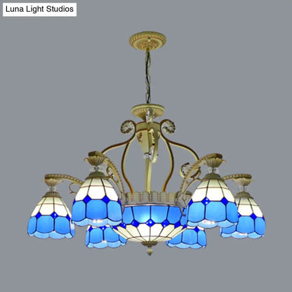 Tiffany Style Cut Glass Hanging Chandelier with 8/11 Domed Lights in Orange/Blue/Dark Blue, 31.5"/37.5" Wide