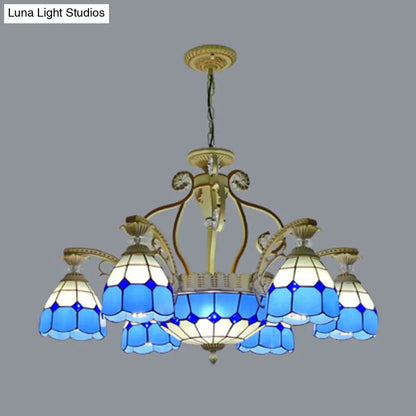 Tiffany Style Cut Glass Hanging Chandelier with 8/11 Domed Lights in Orange/Blue/Dark Blue, 31.5"/37.5" Wide