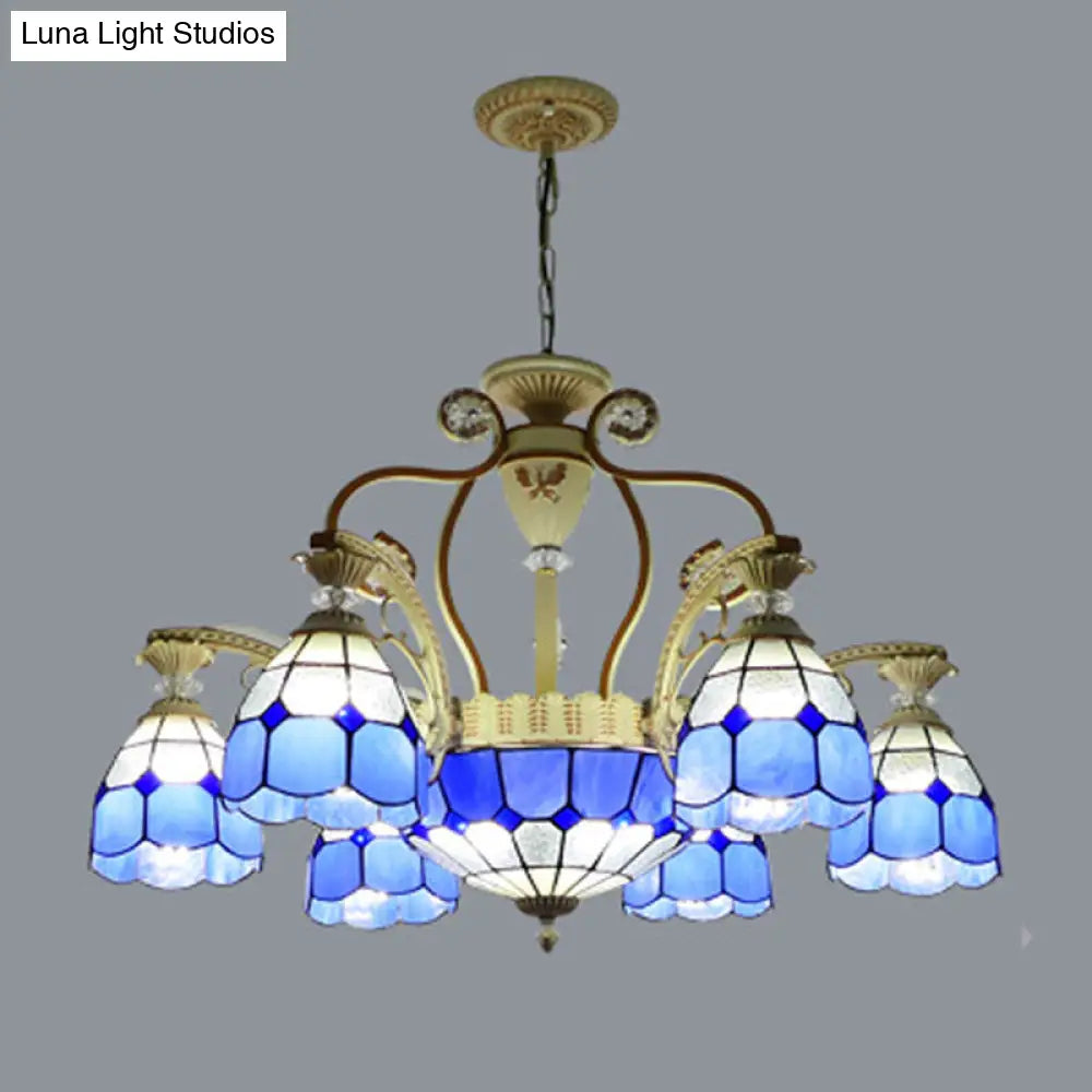 Tiffany Style Cut Glass Hanging Chandelier with 8/11 Domed Lights in Orange/Blue/Dark Blue, 31.5"/37.5" Wide