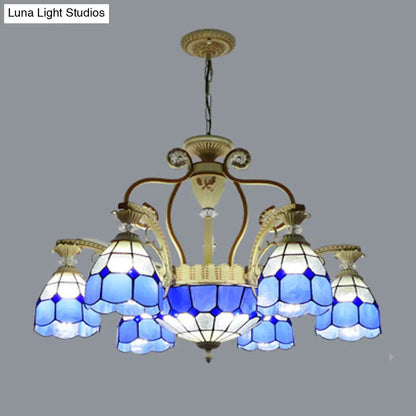 Tiffany Style Cut Glass Hanging Chandelier with 8/11 Domed Lights in Orange/Blue/Dark Blue, 31.5"/37.5" Wide