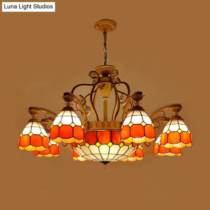 Tiffany Style Cut Glass Hanging Chandelier with 8/11 Domed Lights in Orange/Blue/Dark Blue, 31.5"/37.5" Wide