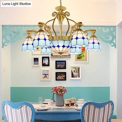 Tiffany Style Cut Glass Hanging Chandelier with 8/11 Domed Lights in Orange/Blue/Dark Blue, 31.5"/37.5" Wide