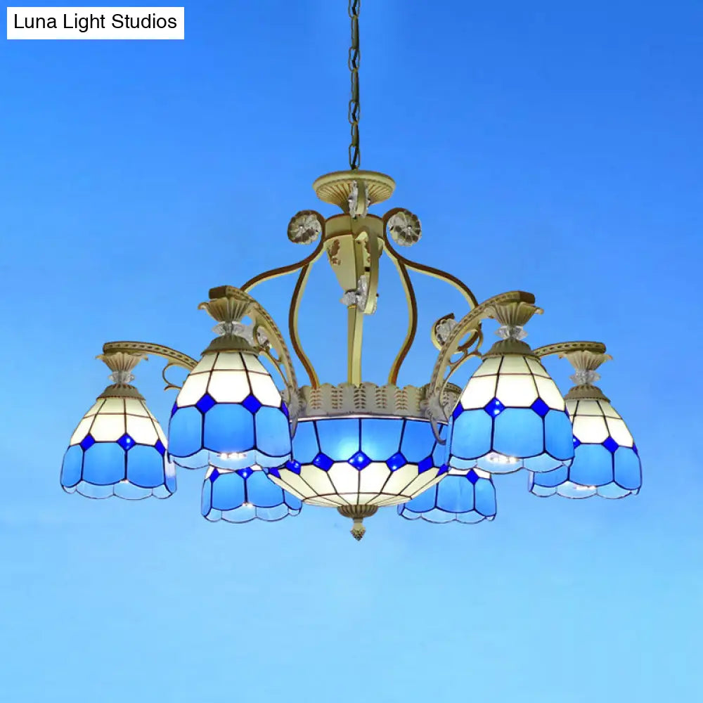 Tiffany Style Cut Glass Hanging Chandelier with 8/11 Domed Lights in Orange/Blue/Dark Blue, 31.5"/37.5" Wide