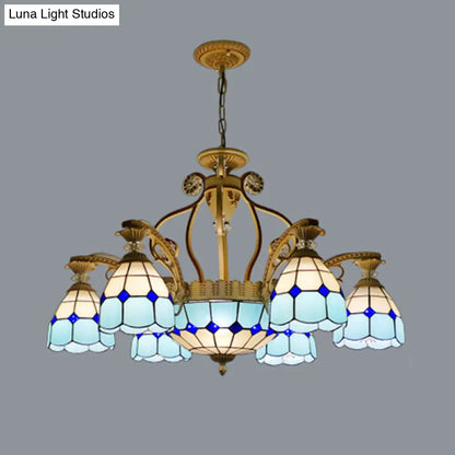 Tiffany Style Cut Glass Hanging Chandelier with 8/11 Domed Lights in Orange/Blue/Dark Blue, 31.5"/37.5" Wide