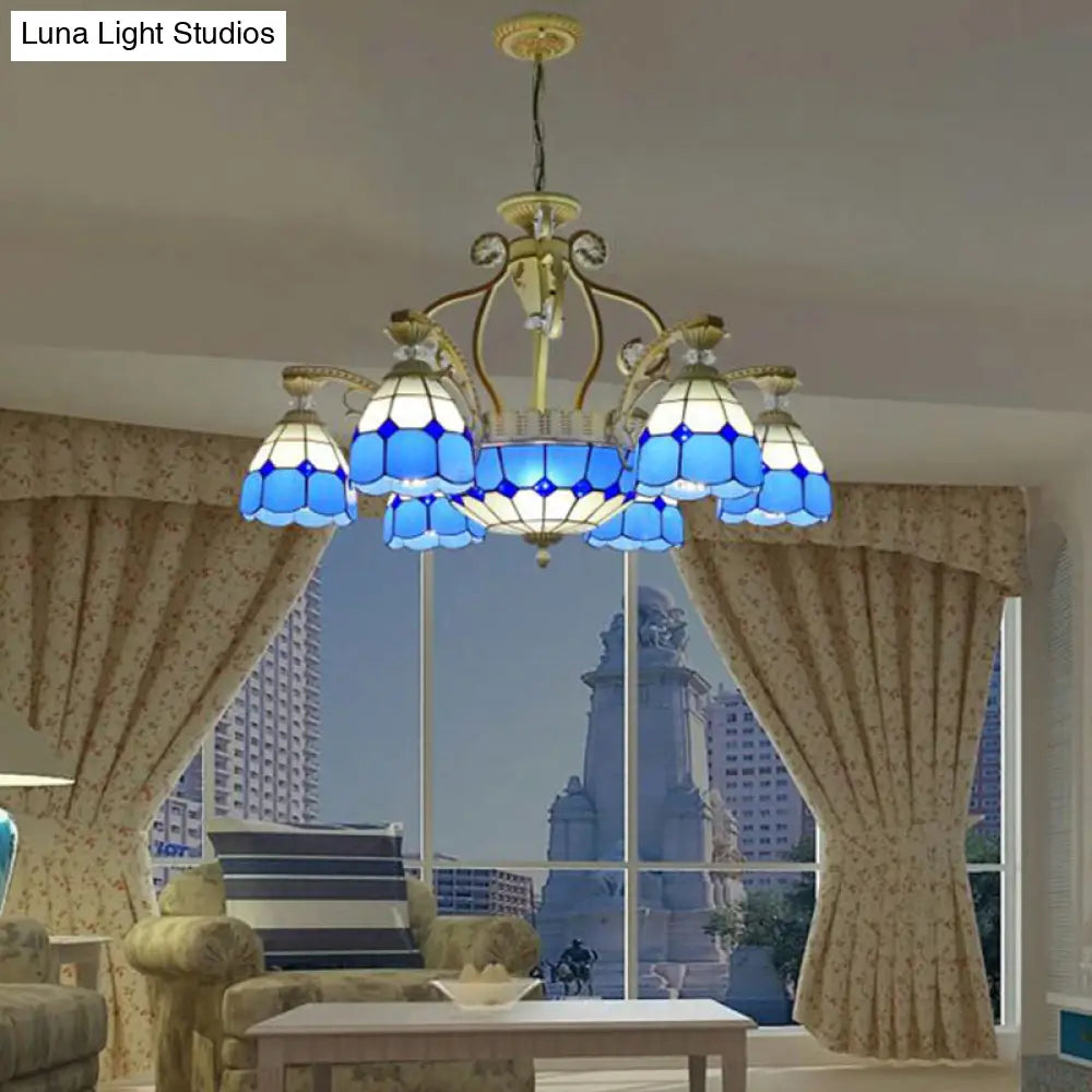 Tiffany Style Cut Glass Hanging Chandelier with 8/11 Domed Lights in Orange/Blue/Dark Blue, 31.5"/37.5" Wide