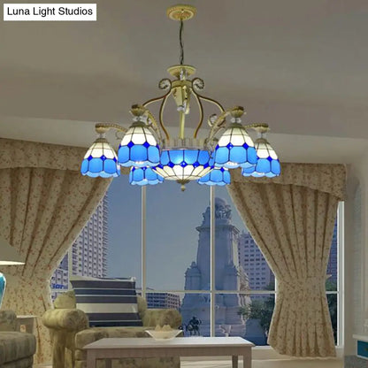 Tiffany Style Cut Glass Hanging Chandelier with 8/11 Domed Lights in Orange/Blue/Dark Blue, 31.5"/37.5" Wide