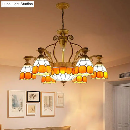 Tiffany Style Cut Glass Hanging Chandelier with 8/11 Domed Lights in Orange/Blue/Dark Blue, 31.5"/37.5" Wide