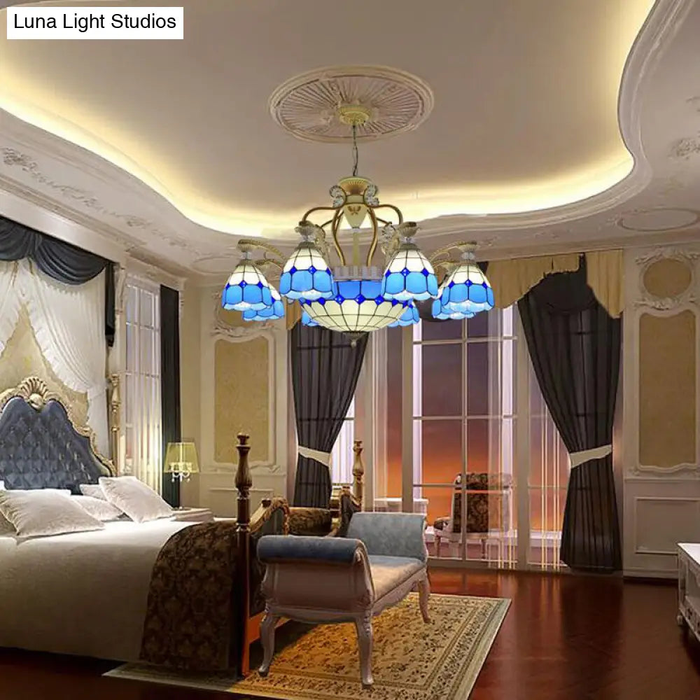 Tiffany Style Cut Glass Hanging Chandelier with 8/11 Domed Lights in Orange/Blue/Dark Blue, 31.5"/37.5" Wide