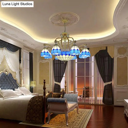 Tiffany Style Cut Glass Hanging Chandelier with 8/11 Domed Lights in Orange/Blue/Dark Blue, 31.5"/37.5" Wide