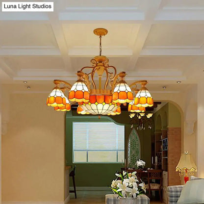 Tiffany Style Cut Glass Hanging Chandelier with 8/11 Domed Lights in Orange/Blue/Dark Blue, 31.5"/37.5" Wide