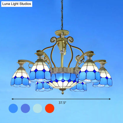 Tiffany Style Cut Glass Hanging Chandelier with 8/11 Domed Lights in Orange/Blue/Dark Blue, 31.5"/37.5" Wide