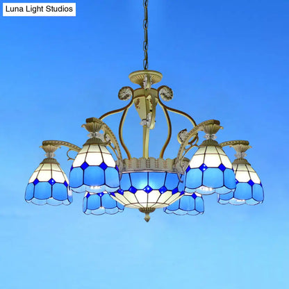 Tiffany Style Cut Glass Hanging Chandelier with 8/11 Domed Lights in Orange/Blue/Dark Blue, 31.5"/37.5" Wide