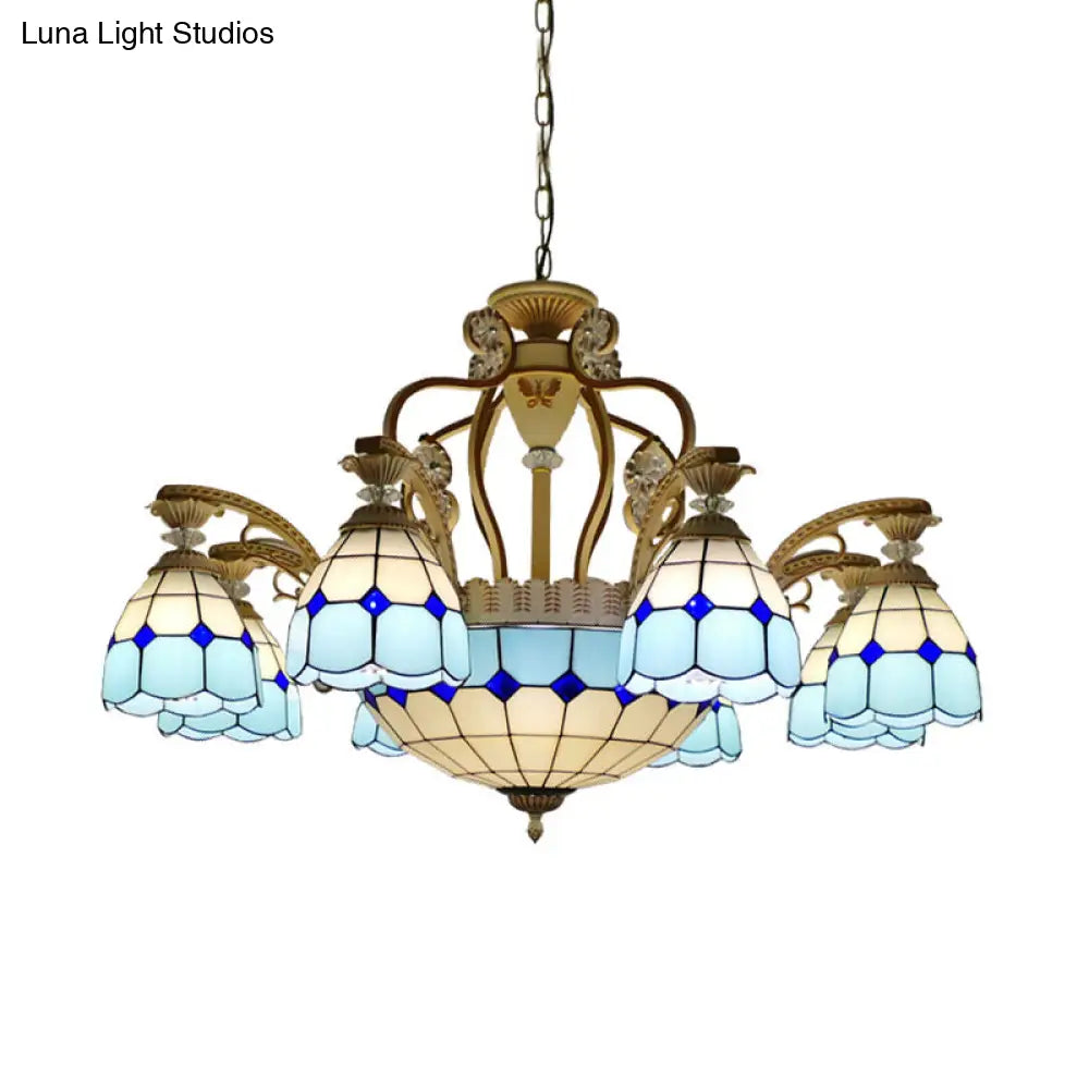 Tiffany Style Cut Glass Hanging Chandelier with 8/11 Domed Lights in Orange/Blue/Dark Blue, 31.5"/37.5" Wide