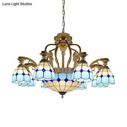 Tiffany Style Cut Glass Hanging Chandelier with 8/11 Domed Lights in Orange/Blue/Dark Blue, 31.5"/37.5" Wide