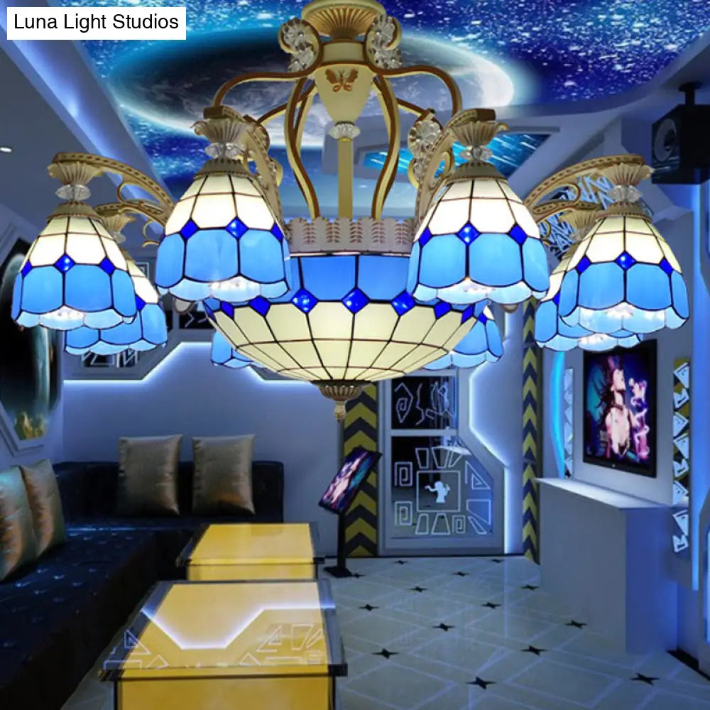 Tiffany Style Cut Glass Hanging Chandelier with 8/11 Domed Lights in Orange/Blue/Dark Blue, 31.5"/37.5" Wide