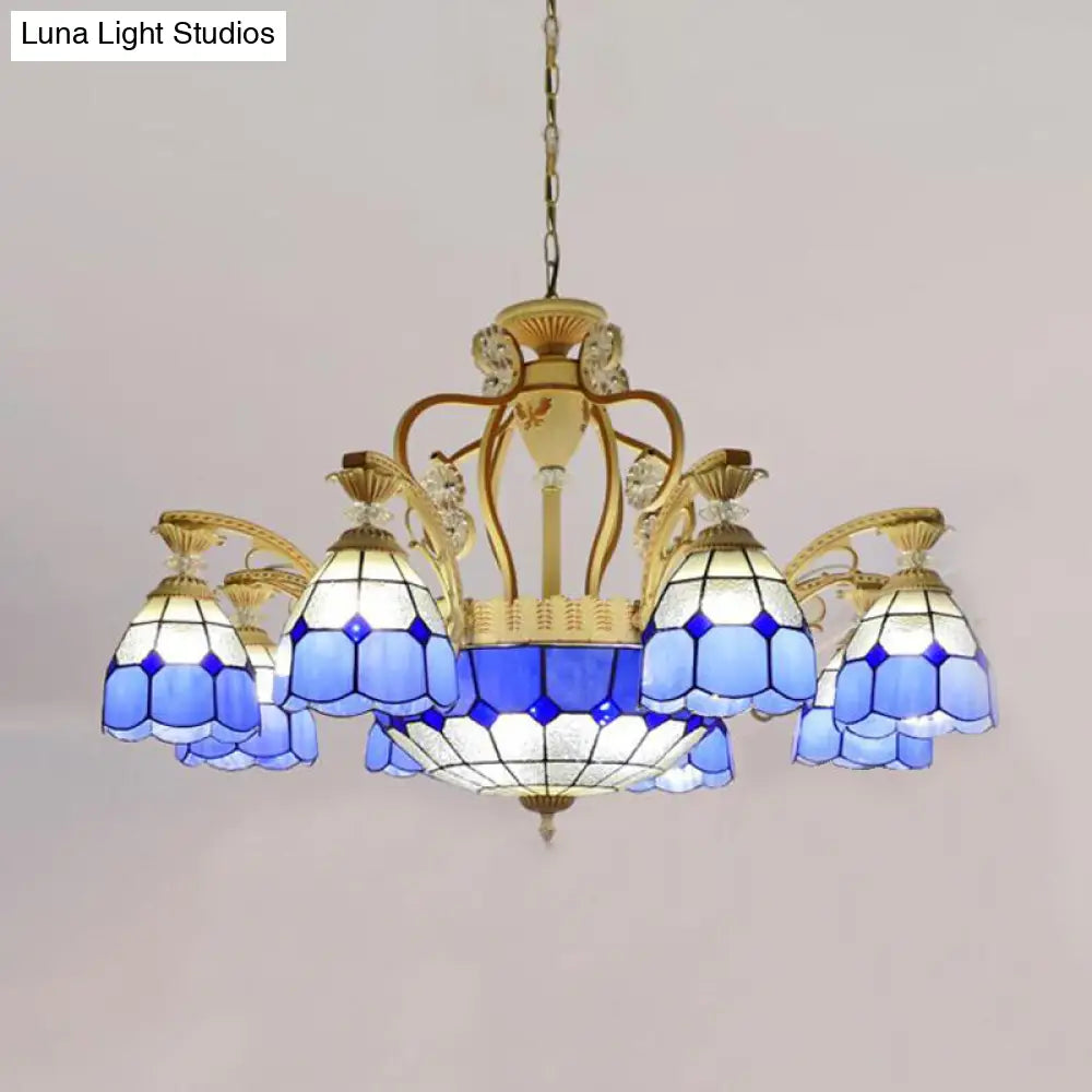 Tiffany Style Cut Glass Hanging Chandelier with 8/11 Domed Lights in Orange/Blue/Dark Blue, 31.5"/37.5" Wide