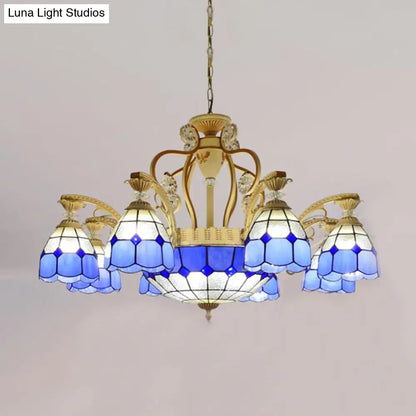 Tiffany Style Cut Glass Hanging Chandelier with 8/11 Domed Lights in Orange/Blue/Dark Blue, 31.5"/37.5" Wide