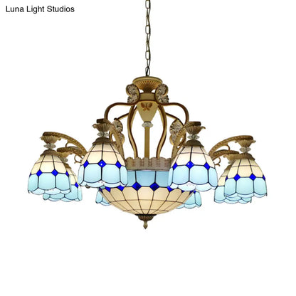 Tiffany Style Cut Glass Hanging Chandelier with 8/11 Domed Lights in Orange/Blue/Dark Blue, 31.5"/37.5" Wide