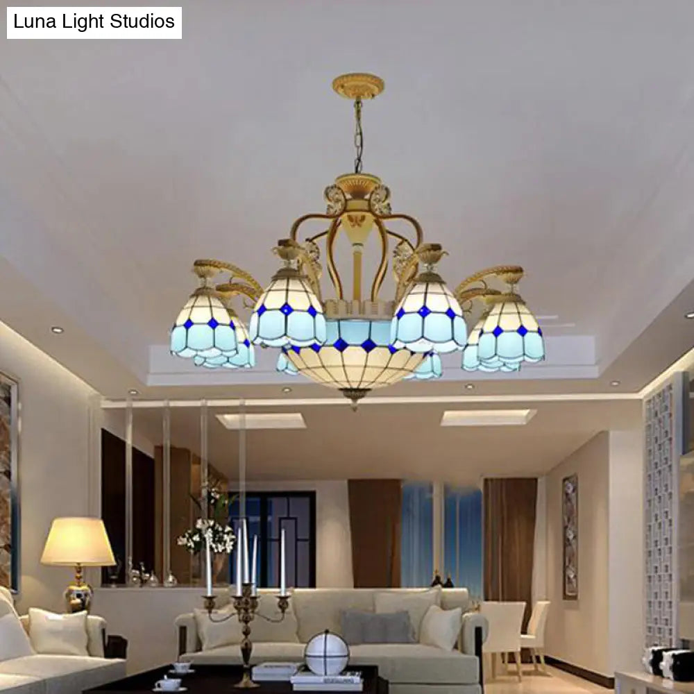 Tiffany Style Cut Glass Hanging Chandelier with 8/11 Domed Lights in Orange/Blue/Dark Blue, 31.5"/37.5" Wide