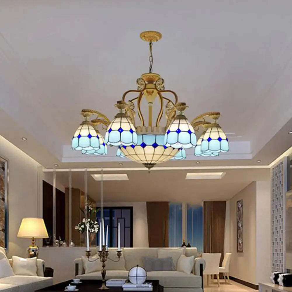Tiffany Style Cut Glass Hanging Chandelier with 8/11 Domed Lights in Orange/Blue/Dark Blue, 31.5"/37.5" Wide