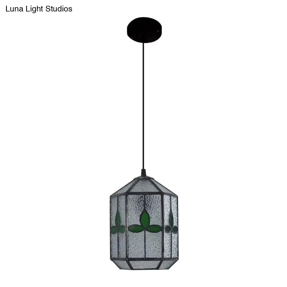 Tiffany Style Cylinder Hanging Light with Rhombus/Leaf Pattern - 1 Red/Green Down Light on Stainless Glass