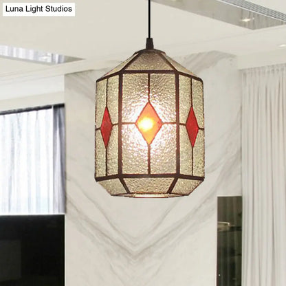 Tiffany Style Cylinder Hanging Light with Rhombus/Leaf Pattern - 1 Red/Green Down Light on Stainless Glass